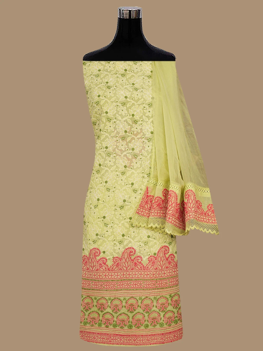Ada Hand Embroidered Green Cotton Lucknowi Chikankari Unstitched Suit Set 01A845681