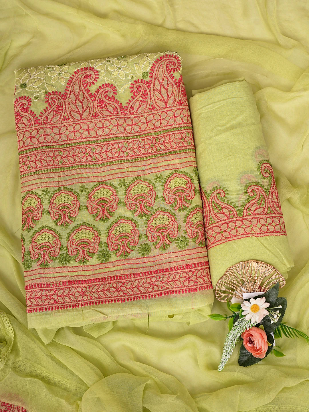 Ada Hand Embroidered Green Cotton Lucknowi Chikankari Unstitched Suit Set 01A845681