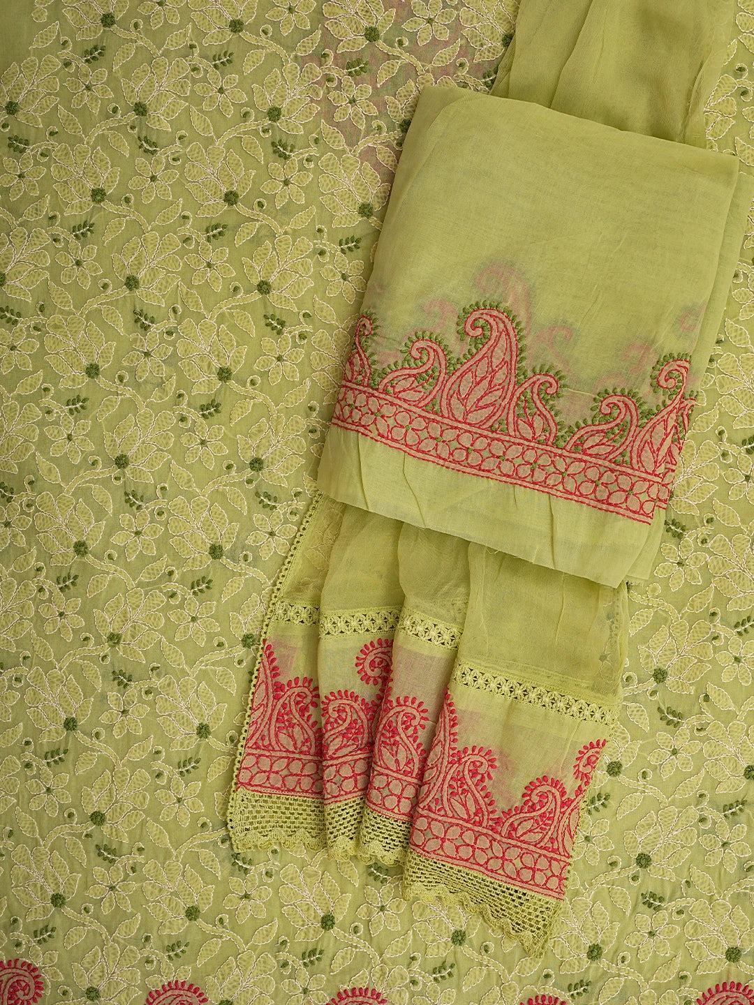 Ada Hand Embroidered Green Cotton Lucknowi Chikankari Unstitched Suit Set 01A845681