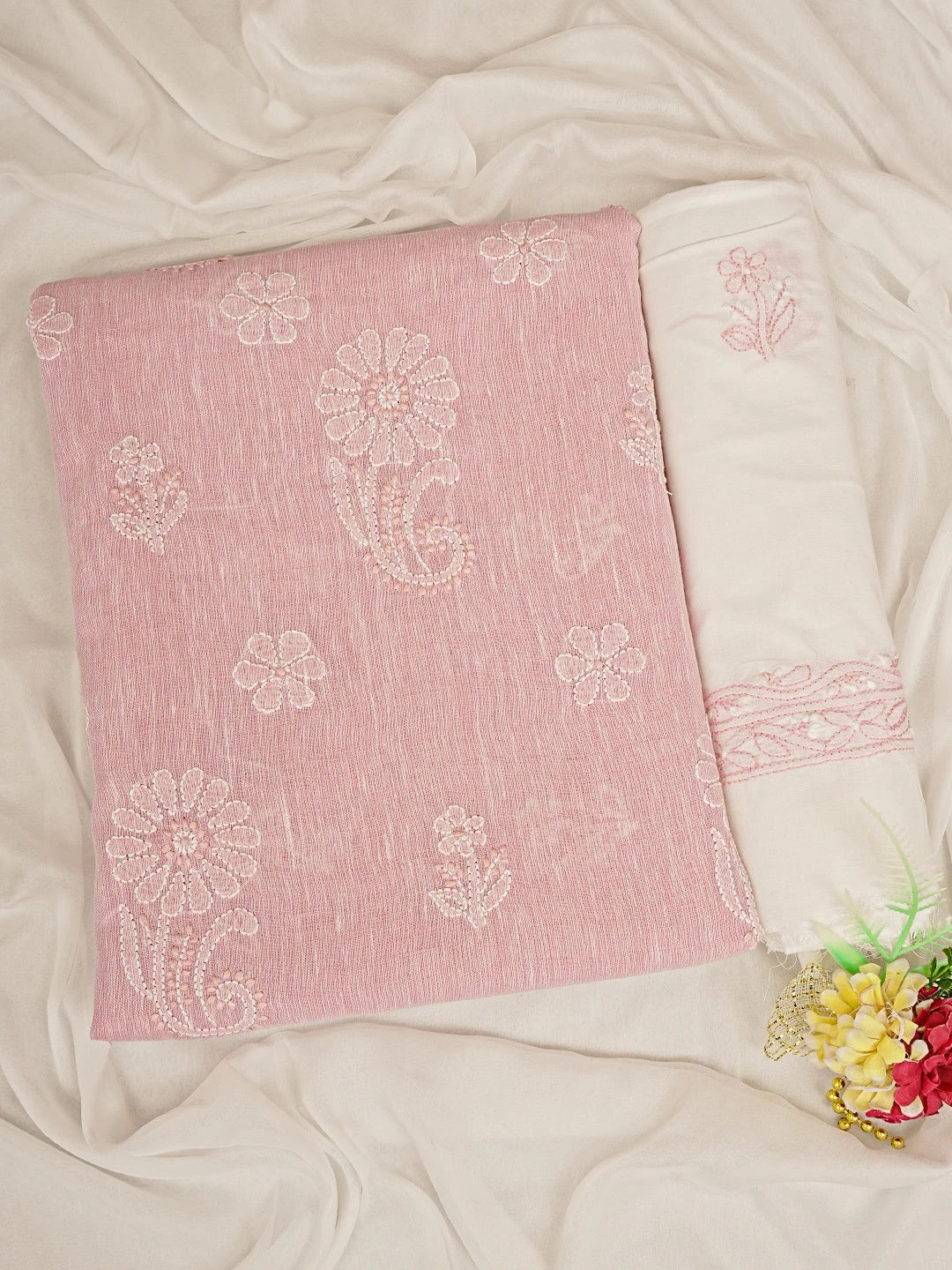 Ada Hand Embroidered Pink Linen Lucknowi Chikankari Unstitched Suit Set 01A836599