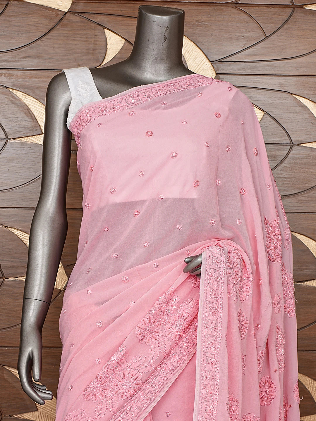 Ada Hand Embroidered Pink Viscose Georgette Lucknowi Chikankari Saree and Blouse With Cutdana Work 01A848899