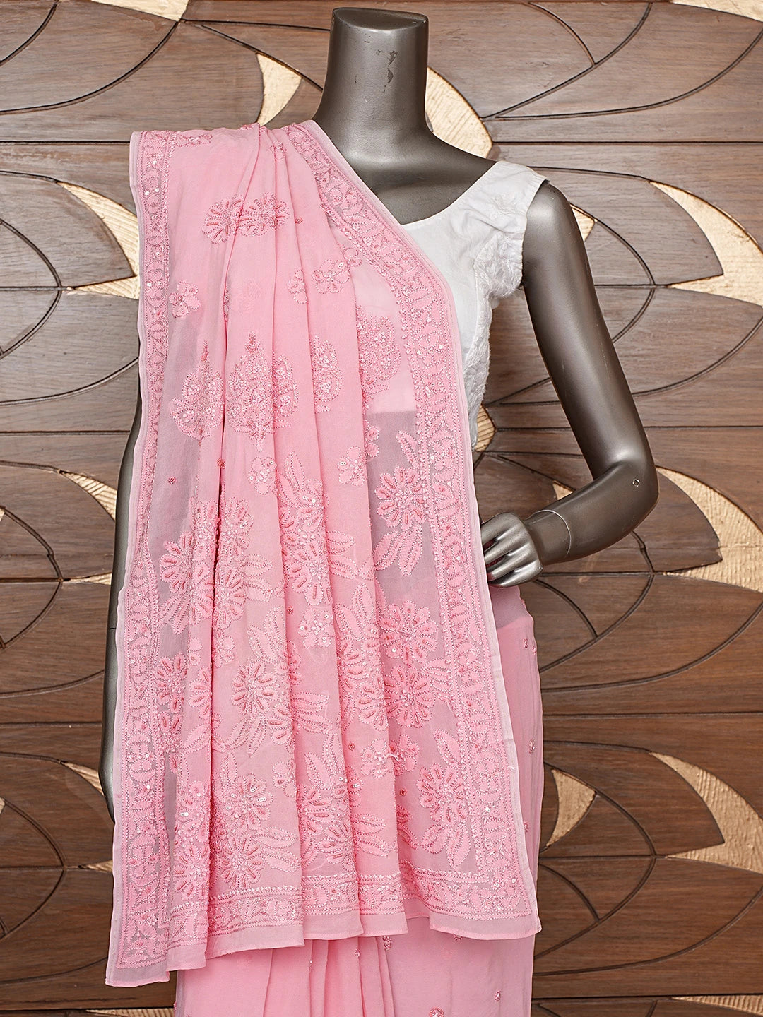 Ada Hand Embroidered Pink Viscose Georgette Lucknowi Chikankari Saree and Blouse With Cutdana Work 01A848899
