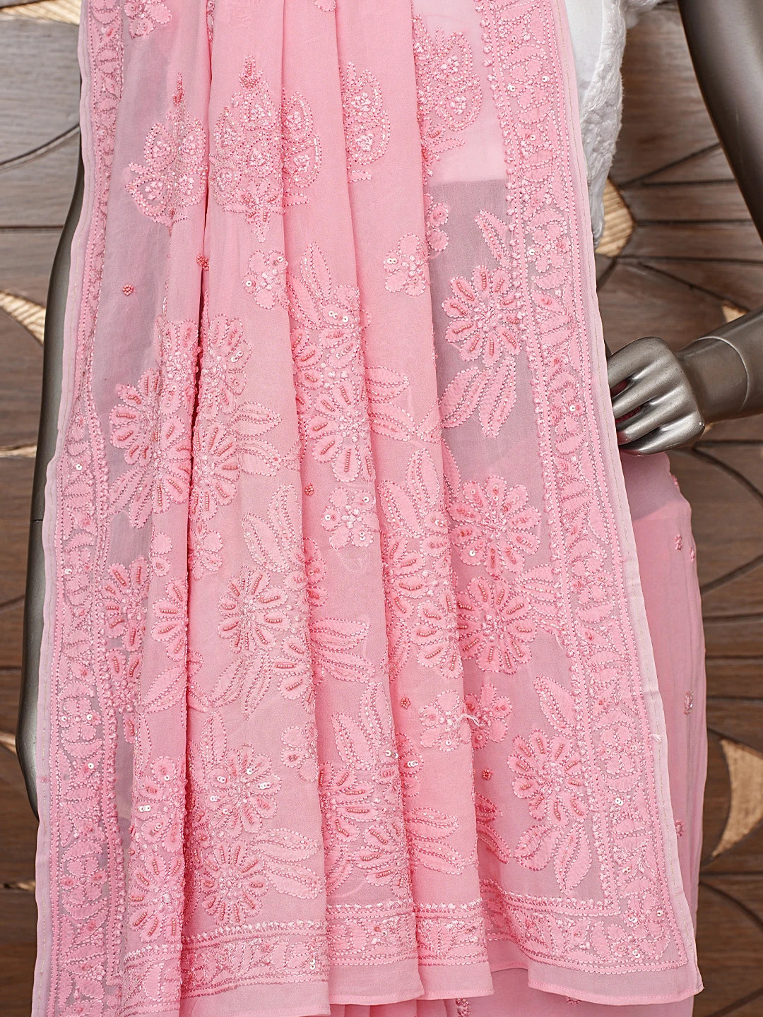 Ada Hand Embroidered Pink Viscose Georgette Lucknowi Chikankari Saree and Blouse With Cutdana Work 01A848899