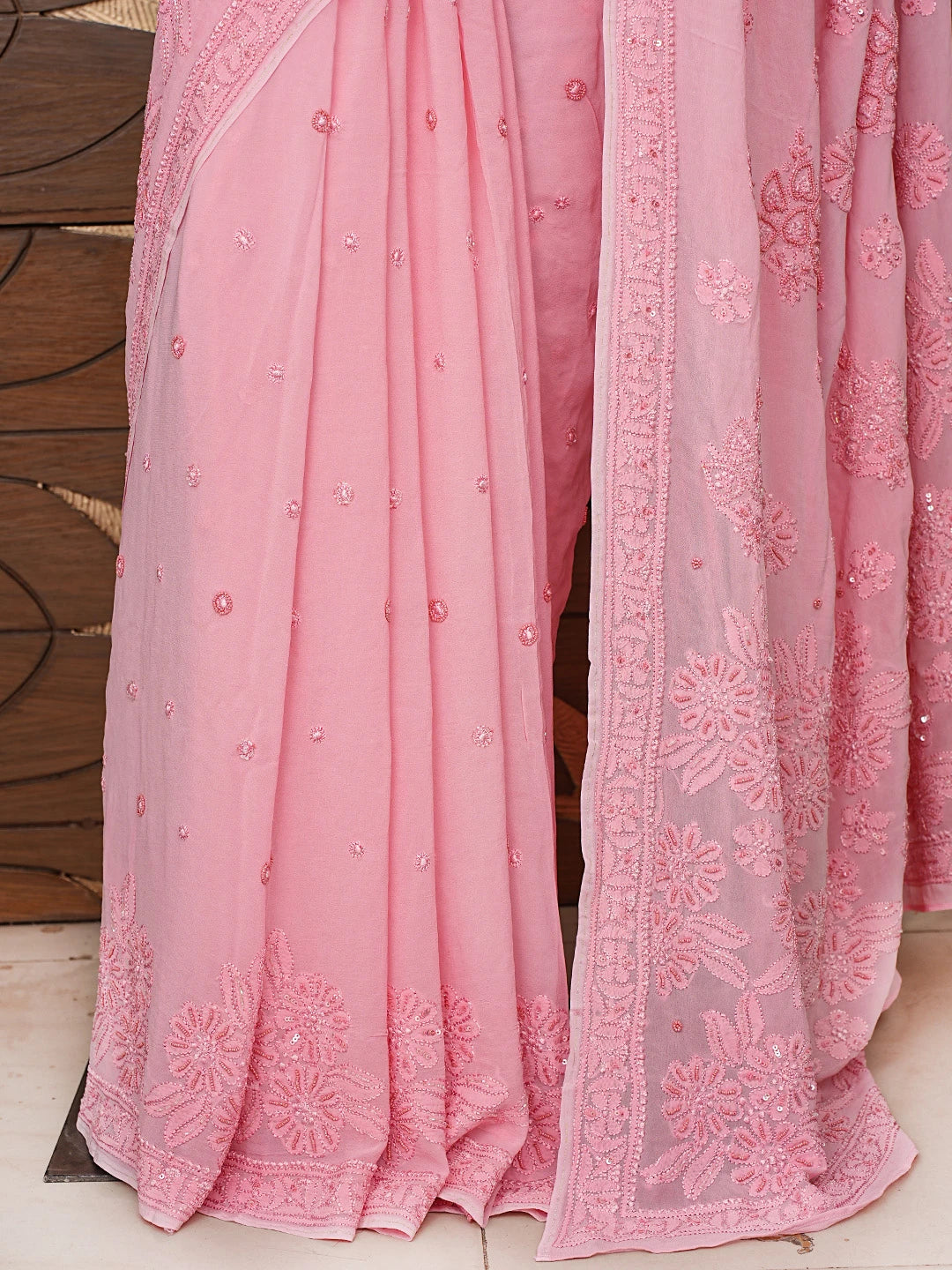 Ada Hand Embroidered Pink Viscose Georgette Lucknowi Chikankari Saree and Blouse With Cutdana Work 01A848899
