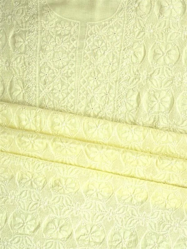 Ada Hand Embroidered Light Lemon Cotton Lucknowi Chikankari Unstitched Kurta Dupatta Set 01A800749