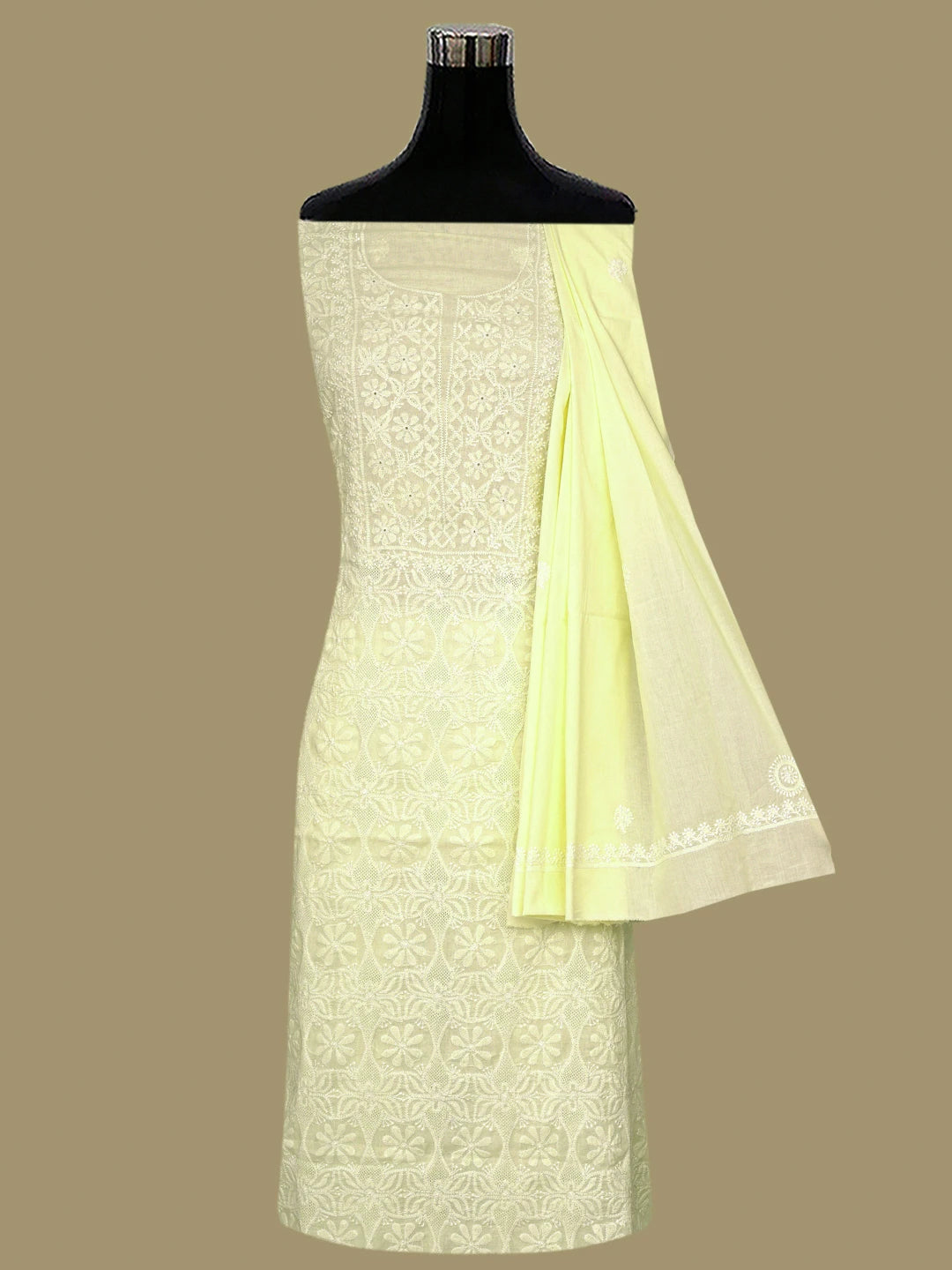 Ada Hand Embroidered Light Lemon Cotton Lucknowi Chikankari Unstitched Kurta Dupatta Set 01A800749