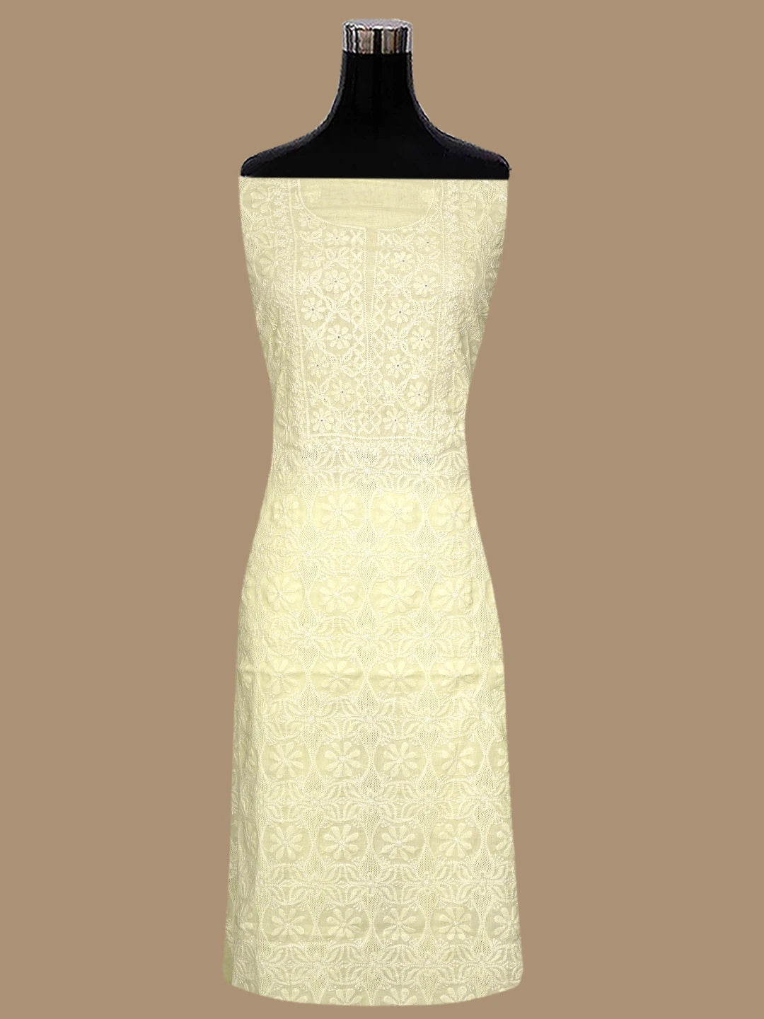 Ada Hand Embroidered Light Lemon Cotton Lucknowi Chikankari Unstitched Kurta Dupatta Set 01A800749