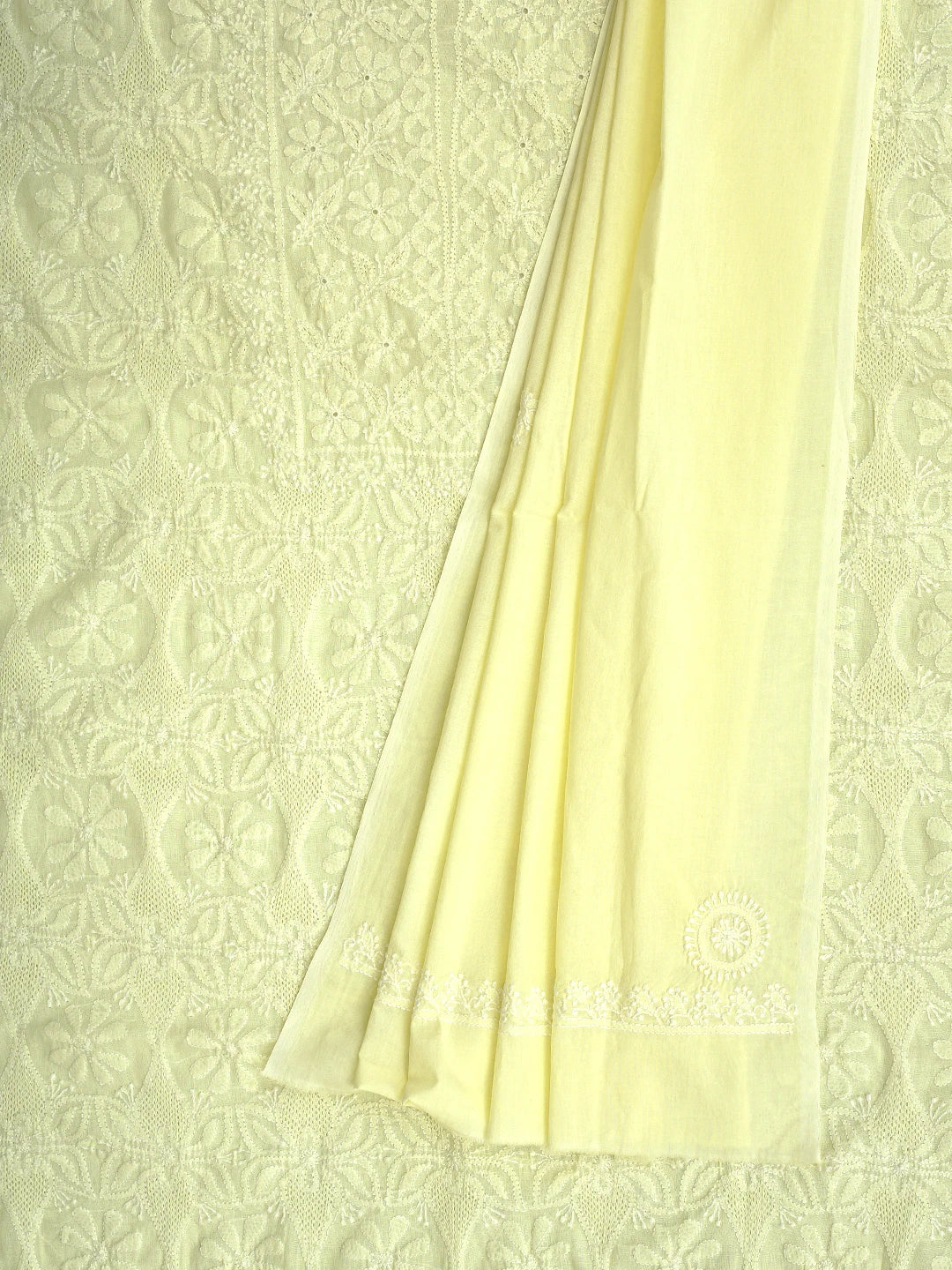 Ada Hand Embroidered Light Lemon Cotton Lucknowi Chikankari Unstitched Kurta Dupatta Set 01A800749