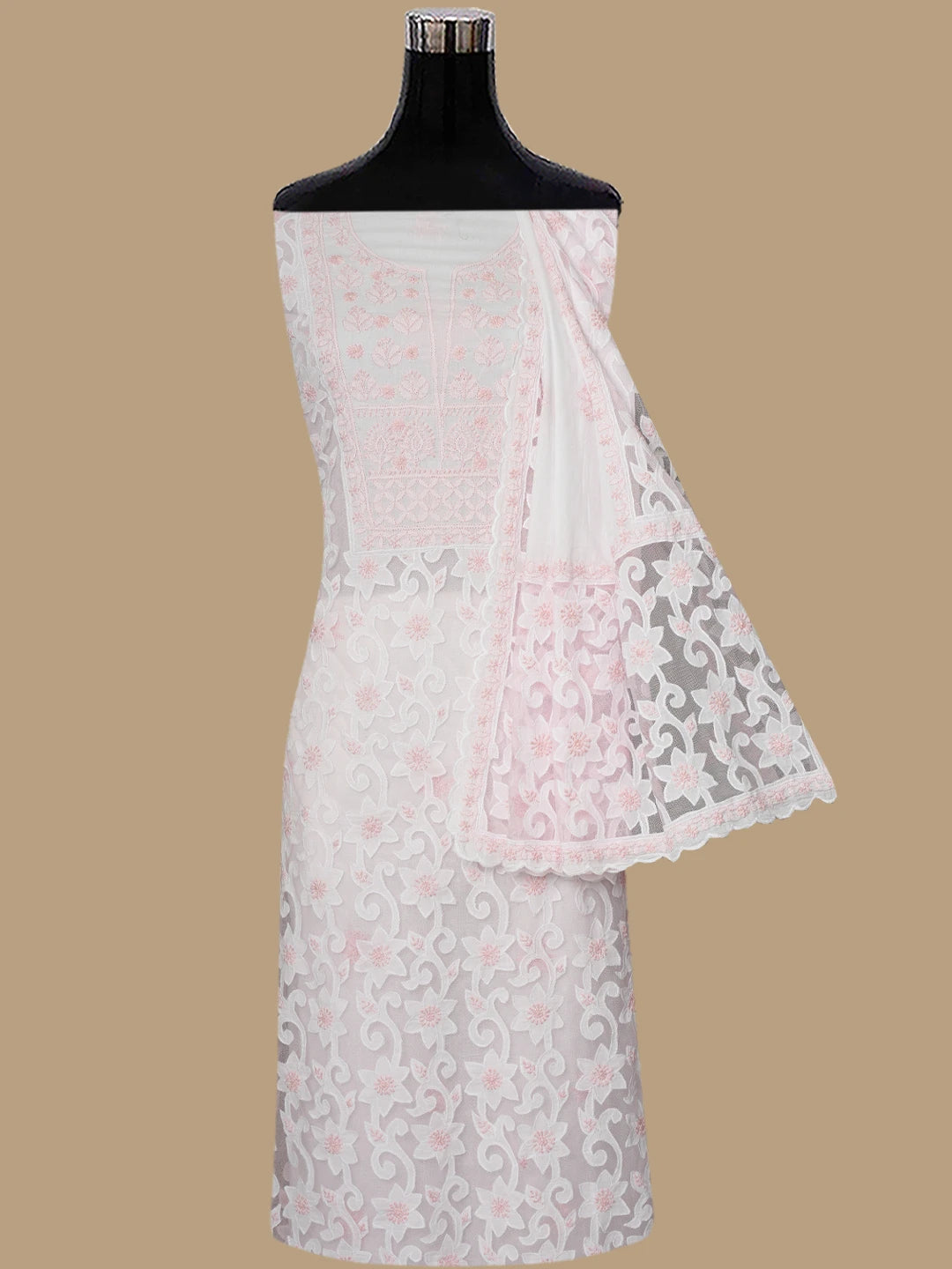 Ada Hand Embroidered White Cotton Lucknowi Chikankari Unstitched Kurta Dupatta Set 01A847337