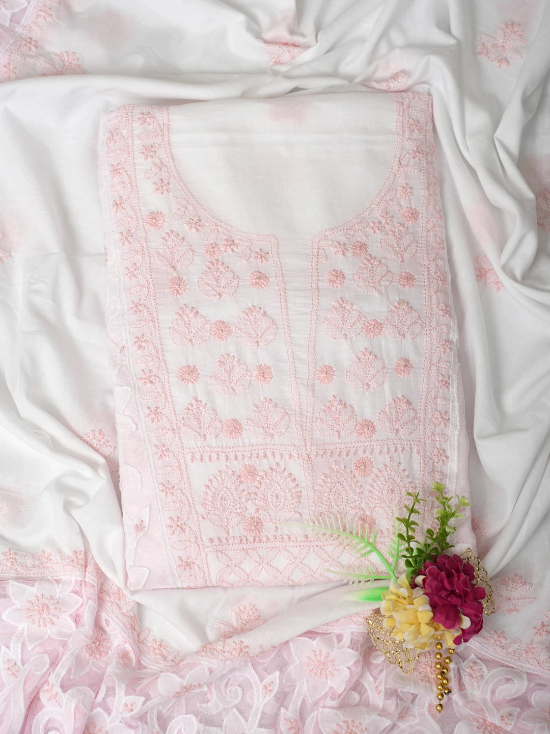 Ada Hand Embroidered White Cotton Lucknowi Chikankari Unstitched Kurta Dupatta Set 01A847337