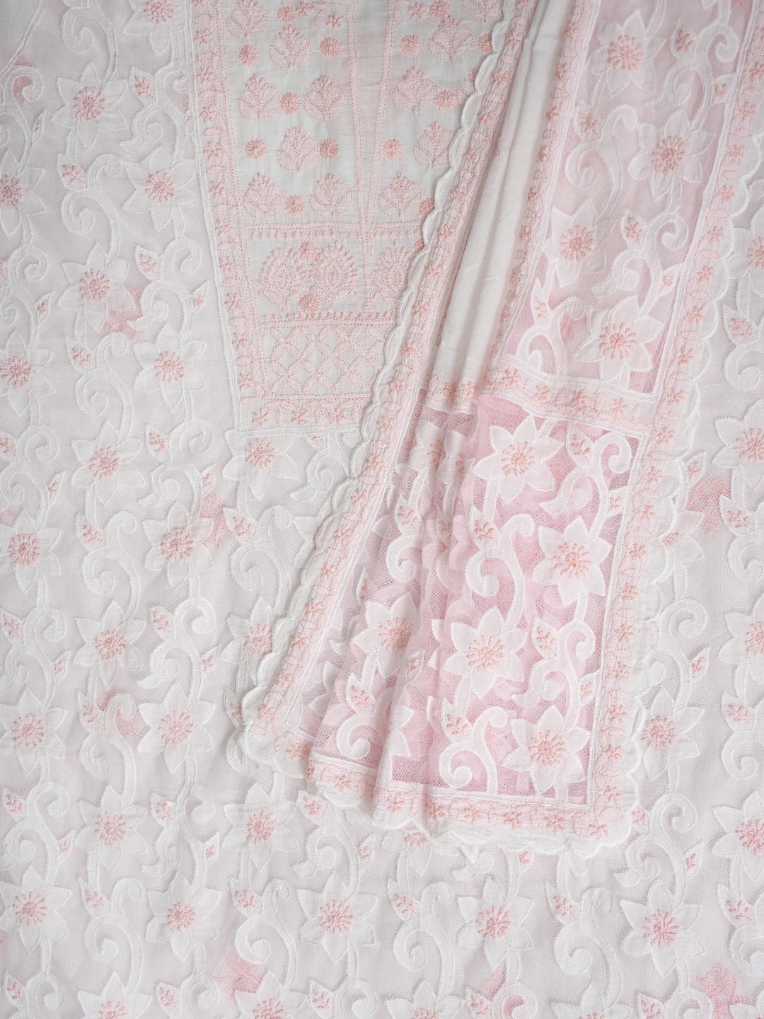 Ada Hand Embroidered White Cotton Lucknowi Chikankari Unstitched Kurta Dupatta Set 01A847337