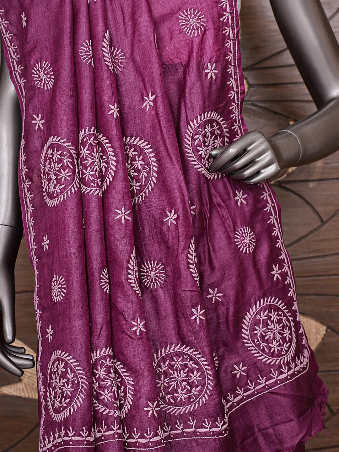 Ada Hand Embroidered Wine Tussar Silk Lucknowi Chikankari Saree and Blouse 01A826339