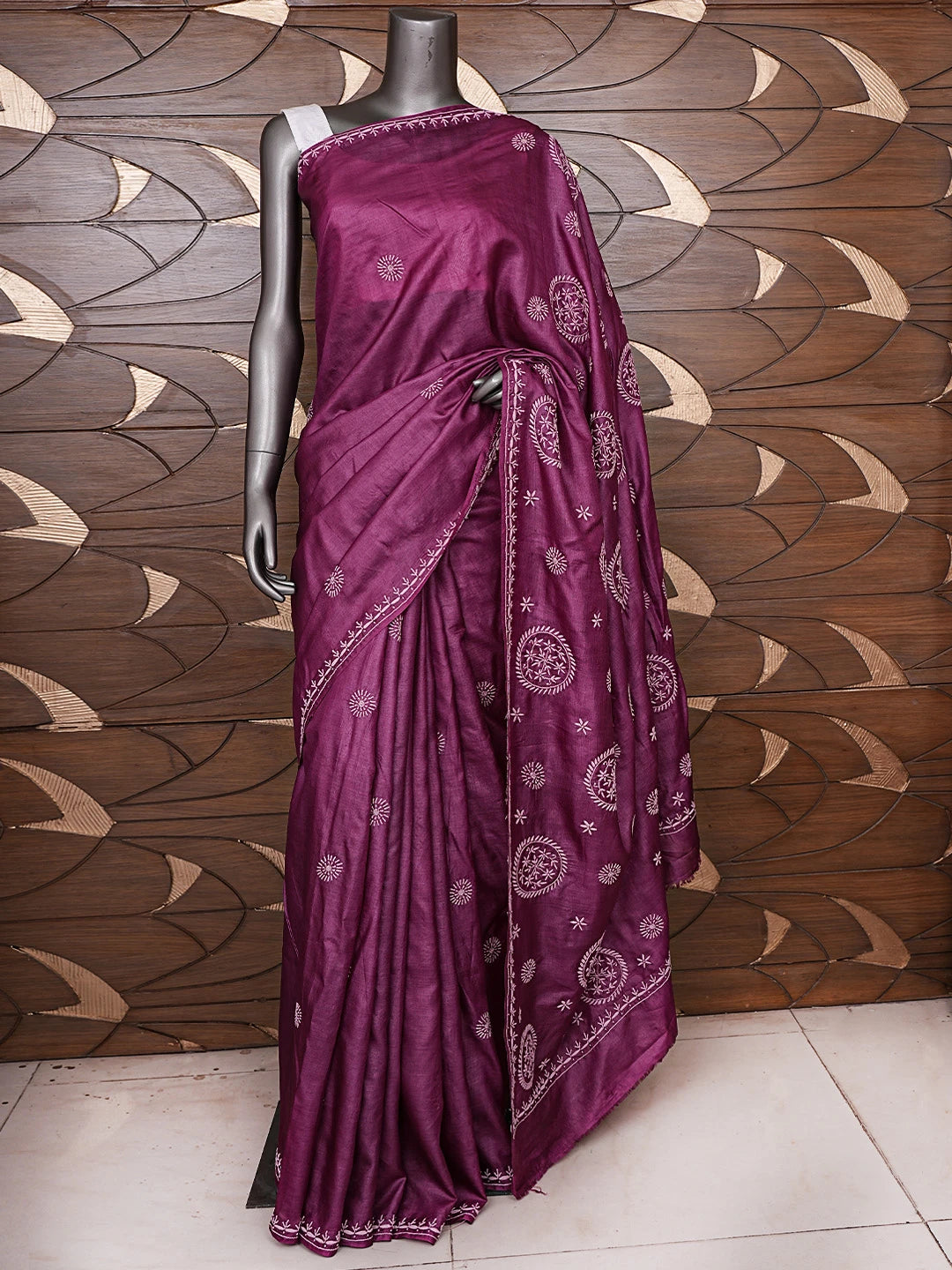 Ada Hand Embroidered Wine Tussar Silk Lucknowi Chikankari Saree and Blouse 01A826339
