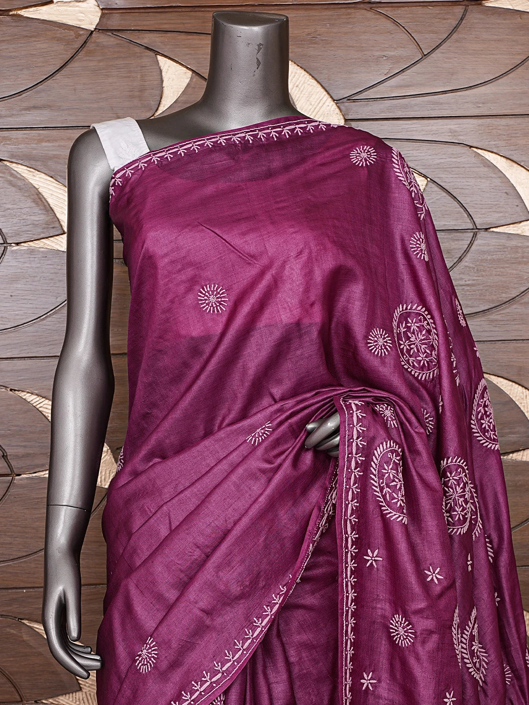 Ada Hand Embroidered Wine Tussar Silk Lucknowi Chikankari Saree and Blouse 01A826339