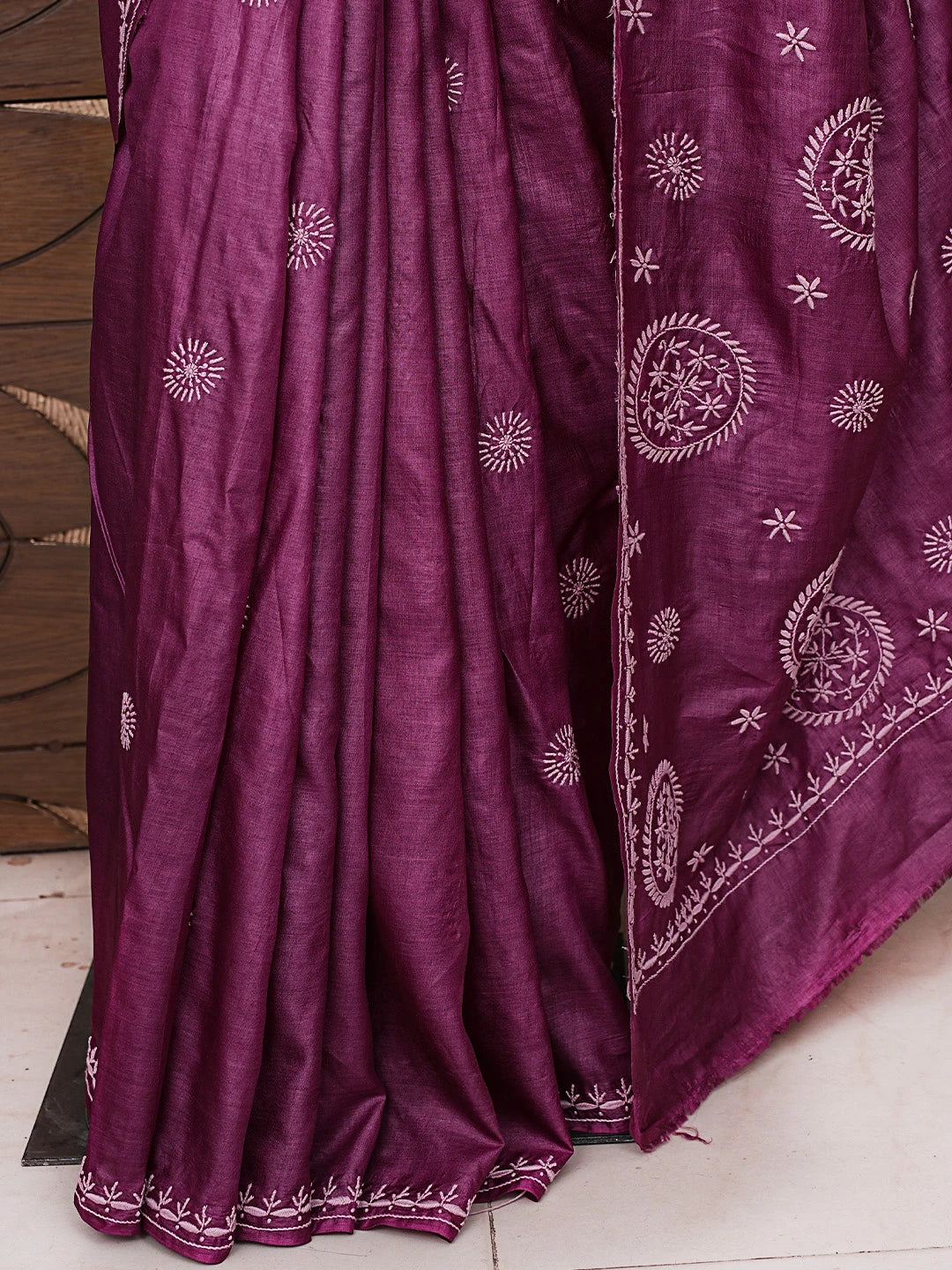 Ada Hand Embroidered Wine Tussar Silk Lucknowi Chikankari Saree and Blouse 01A826339