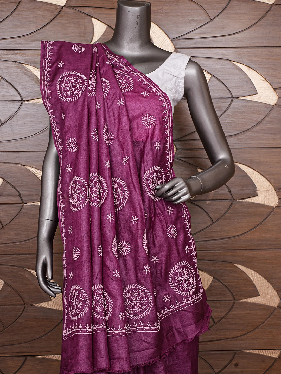 Ada Hand Embroidered Wine Tussar Silk Lucknowi Chikankari Saree and Blouse 01A826339
