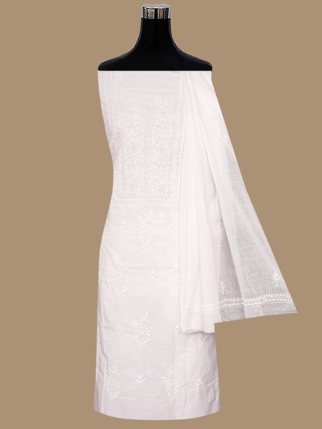Ada Hand Embroidered White Cotton Lucknowi Chikankari Unstitched Kurta Dupatta Set 01A711792