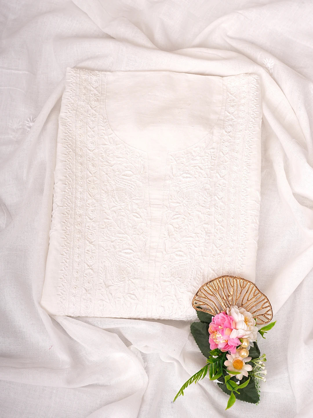 Ada Hand Embroidered White Cotton Lucknowi Chikankari Unstitched Kurta Dupatta Set 01A711792