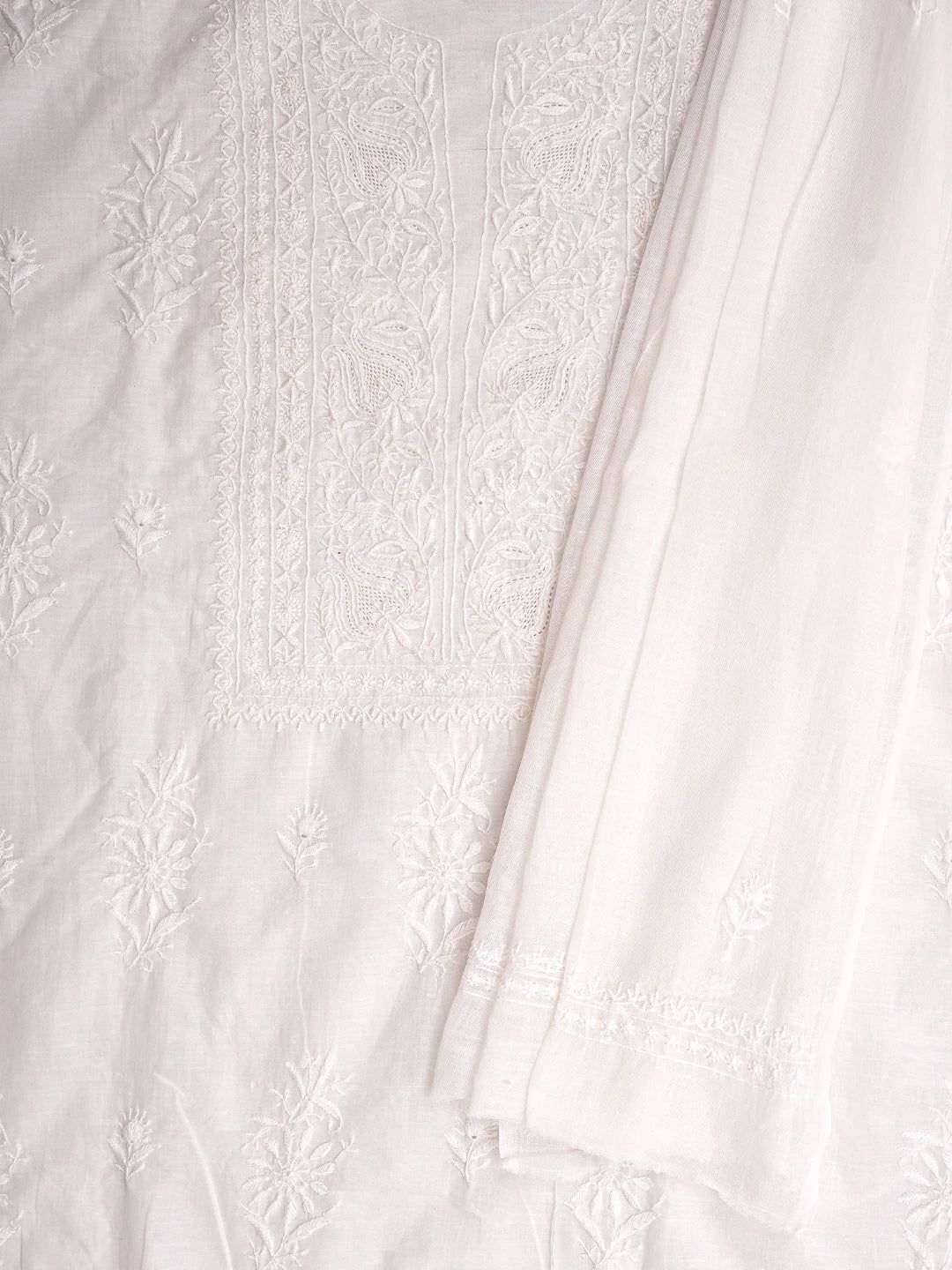 Ada Hand Embroidered White Cotton Lucknowi Chikankari Unstitched Kurta Dupatta Set 01A711792
