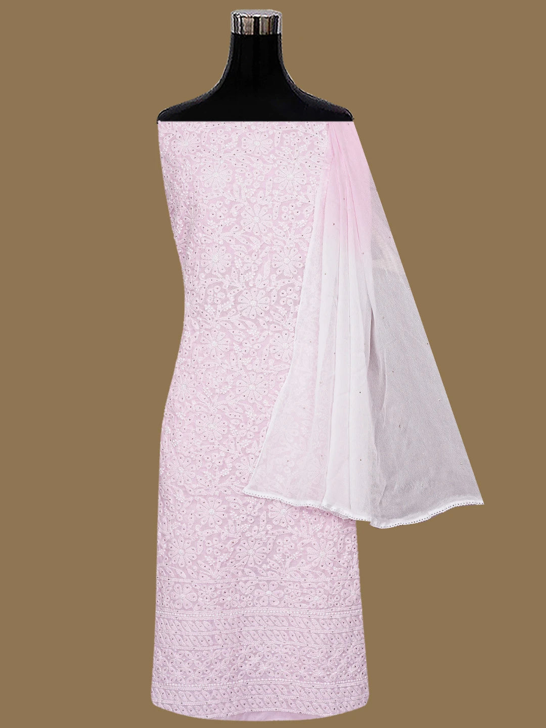 Ada Hand Embroidered Pink Cotton Lucknowi Chikankari Unstitched Suit Piece With Mukaish Work 01A847350