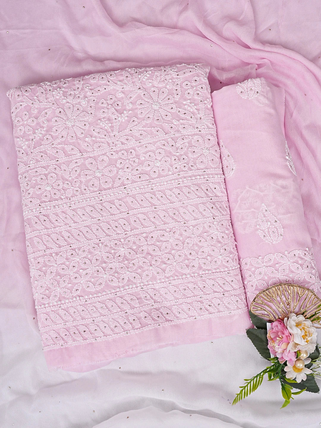 Ada Hand Embroidered Pink Cotton Lucknowi Chikankari Unstitched Suit Piece With Mukaish Work 01A847350