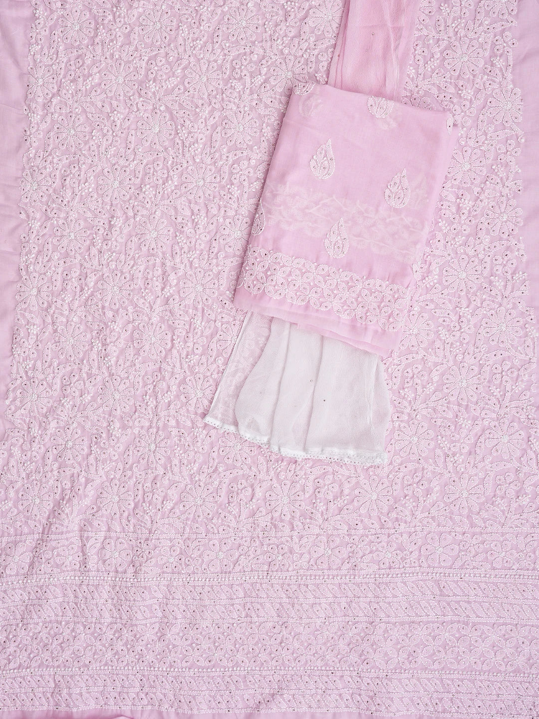 Ada Hand Embroidered Pink Cotton Lucknowi Chikankari Unstitched Suit Piece With Mukaish Work 01A847350