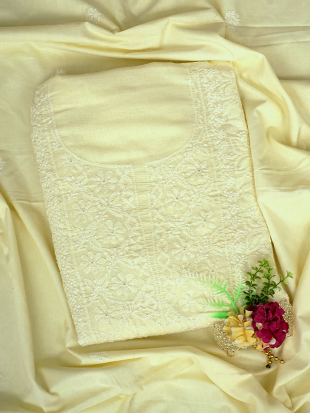 Ada Hand Embroidered Light Lemon Cotton Lucknowi Chikankari Unstitched Kurta Dupatta Set 01A800749