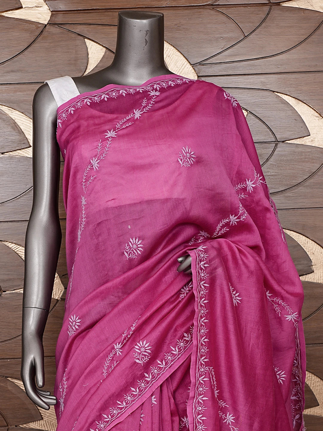 Ada Hand Embroidered Magenta Chanderi Lucknowi Chikankari Saree and Blouse 01A815555