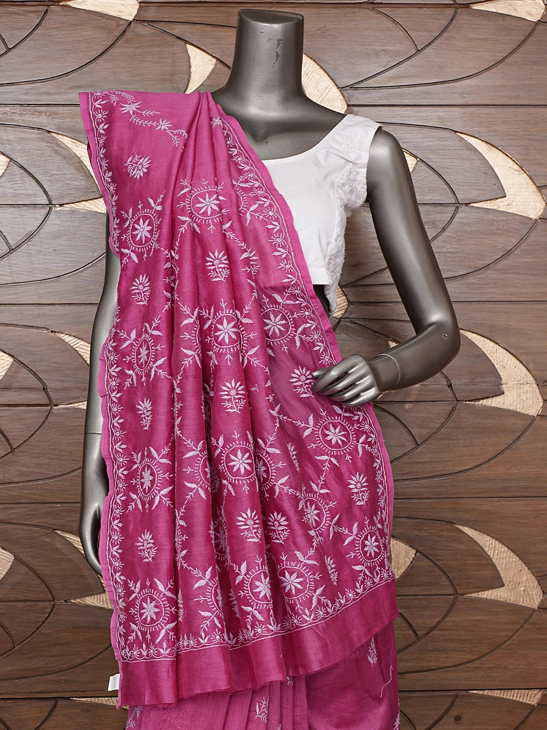 Ada Hand Embroidered Magenta Chanderi Lucknowi Chikankari Saree and Blouse 01A815555
