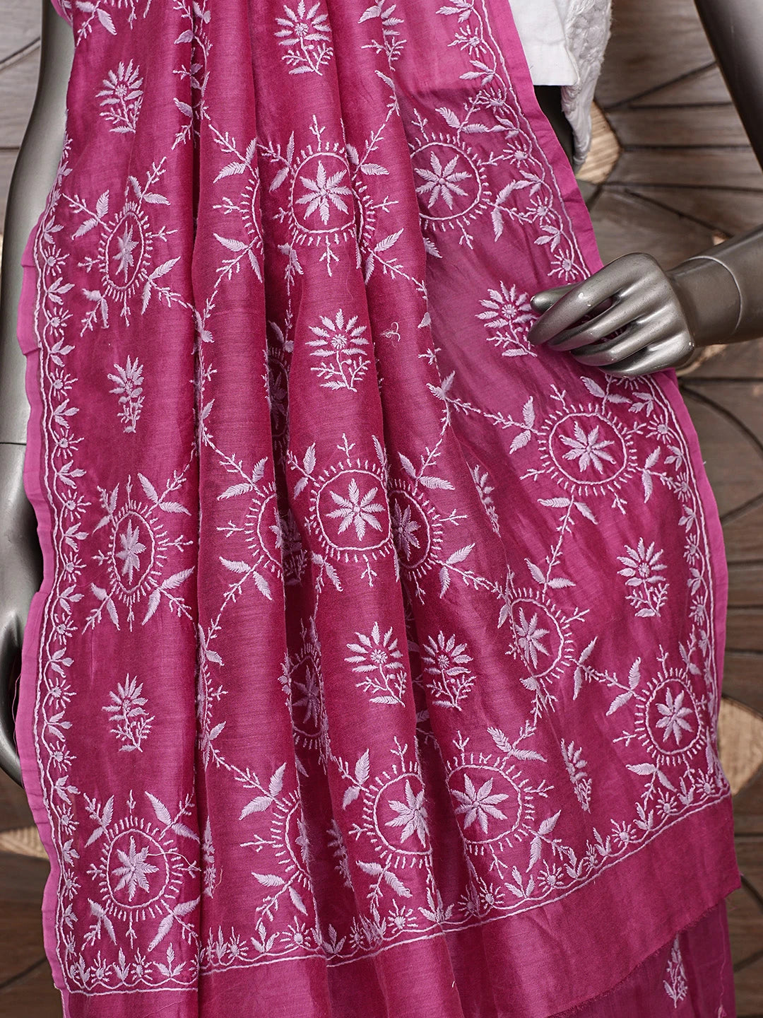 Ada Hand Embroidered Magenta Chanderi Lucknowi Chikankari Saree and Blouse 01A815555