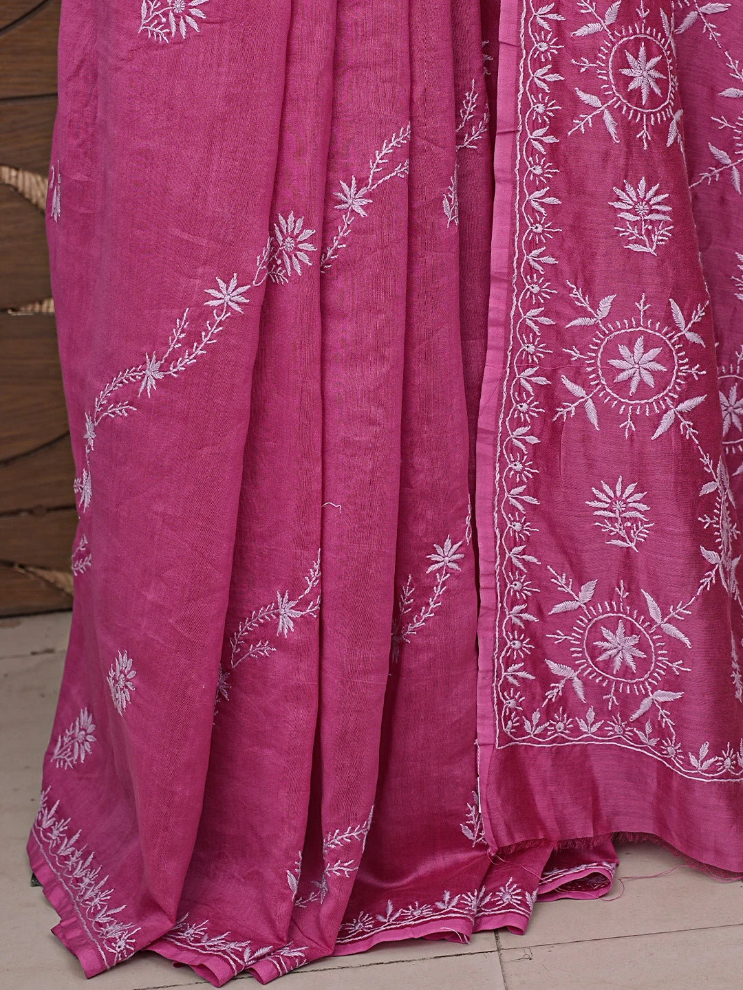 Ada Hand Embroidered Magenta Chanderi Lucknowi Chikankari Saree and Blouse 01A815555