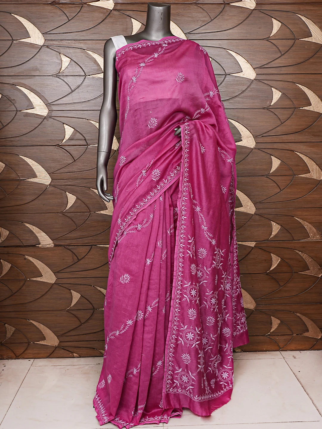 Ada Hand Embroidered Magenta Chanderi Lucknowi Chikankari Saree and Blouse 01A815555