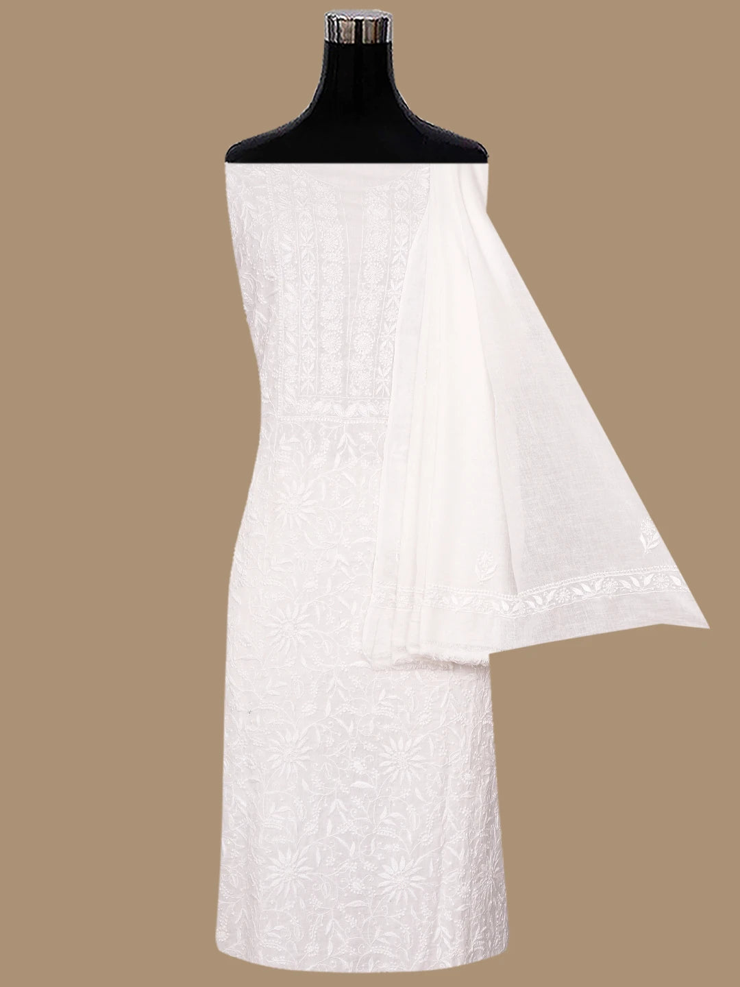 Ada Hand Embroidered White Cotton Lucknowi Chikankari Unstitched Kurta Dupatta Set 01A728810