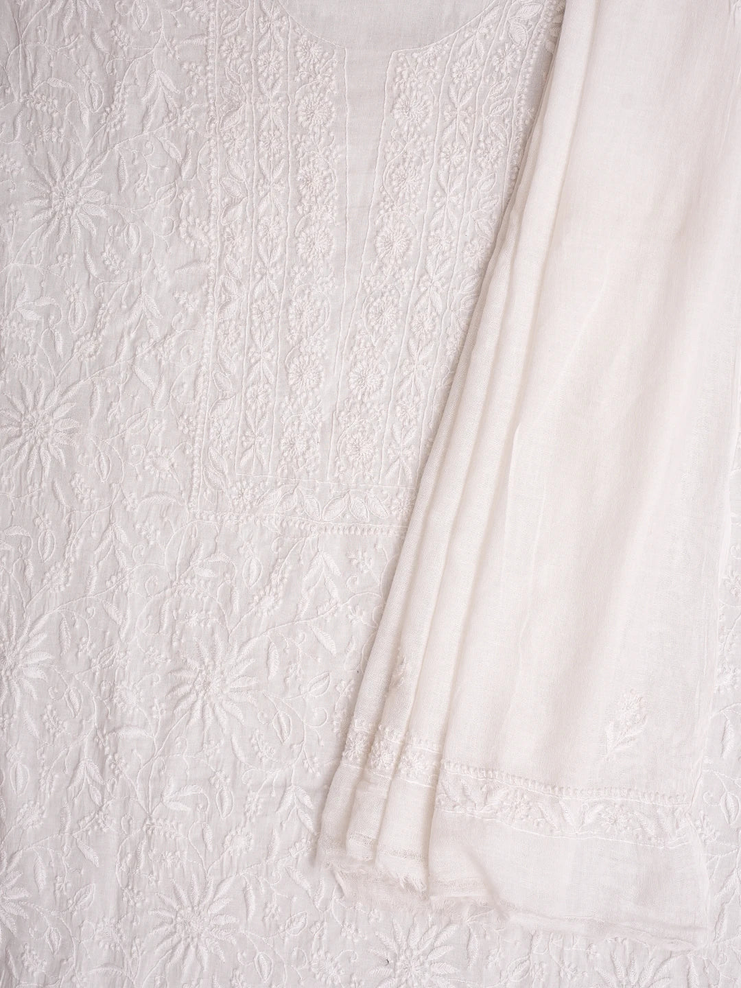 Ada Hand Embroidered White Cotton Lucknowi Chikankari Unstitched Kurta Dupatta Set 01A728810