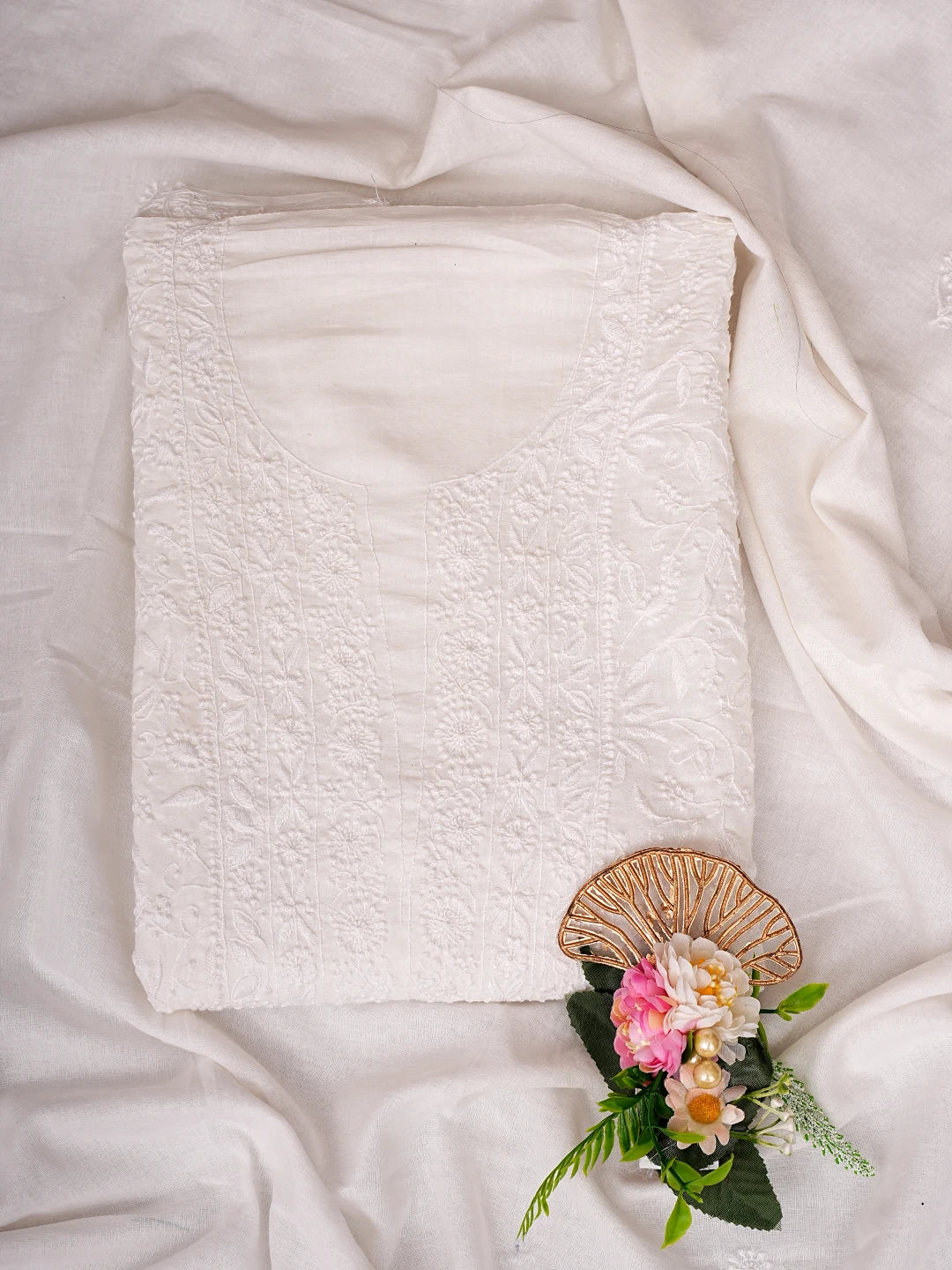 Ada Hand Embroidered White Cotton Lucknowi Chikankari Unstitched Kurta Dupatta Set 01A728810