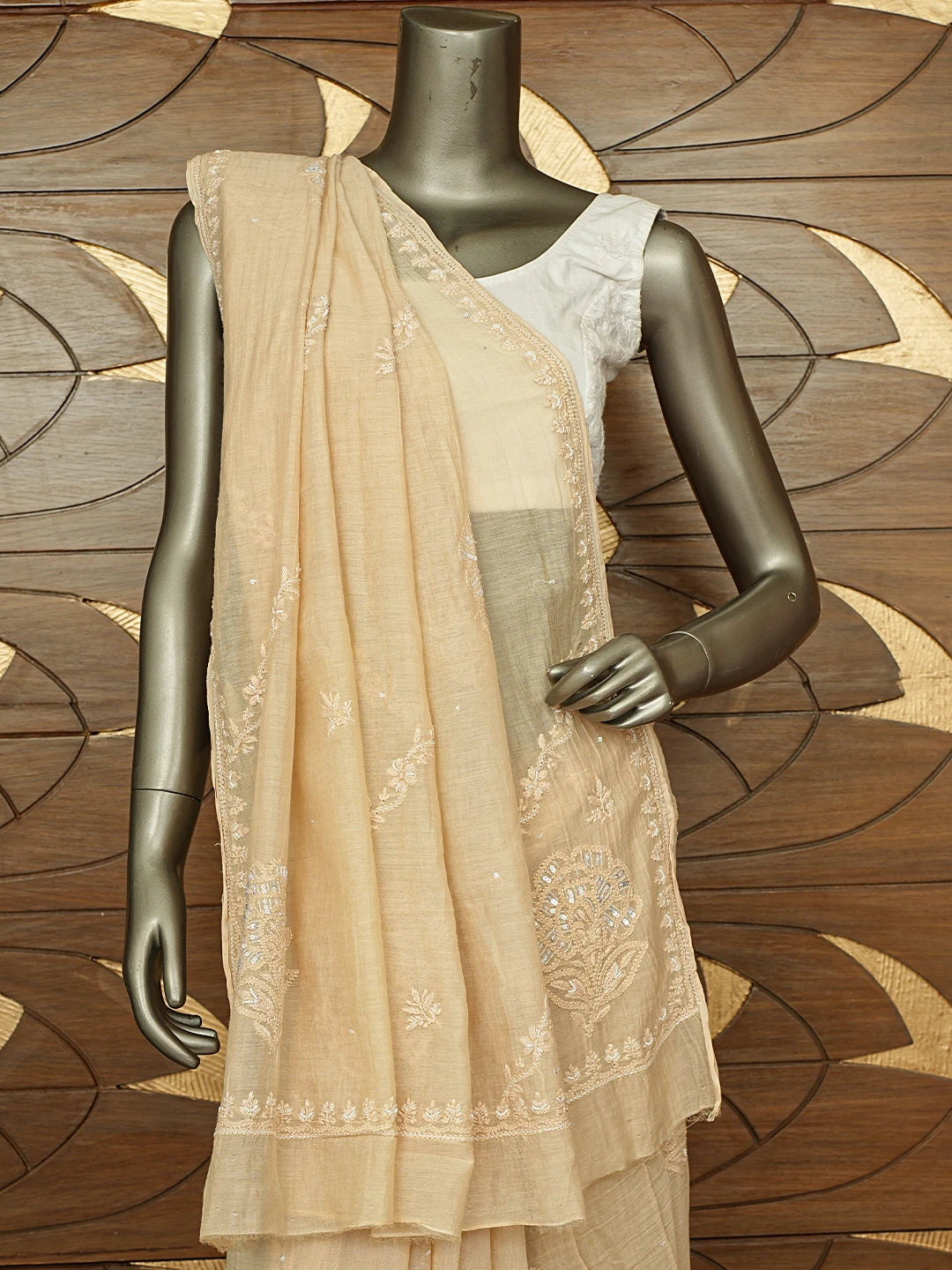 Ada Hand Embroidered Fawn Chanderi Lucknowi Chikankari Saree and Blouse With Cutdana Work 01A812123