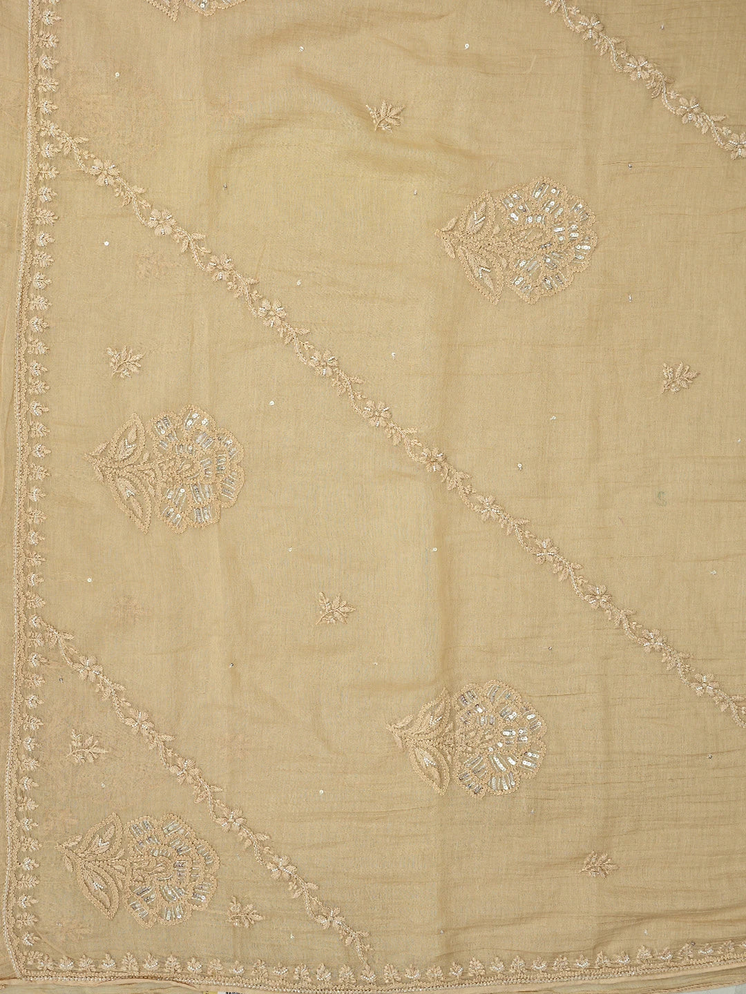 Ada Hand Embroidered Fawn Chanderi Lucknowi Chikankari Saree and Blouse With Cutdana Work 01A812123