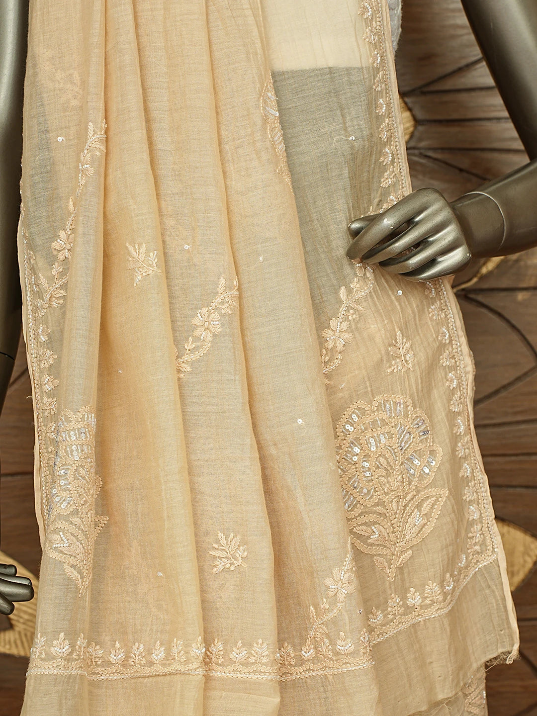 Ada Hand Embroidered Fawn Chanderi Lucknowi Chikankari Saree and Blouse With Cutdana Work 01A812123