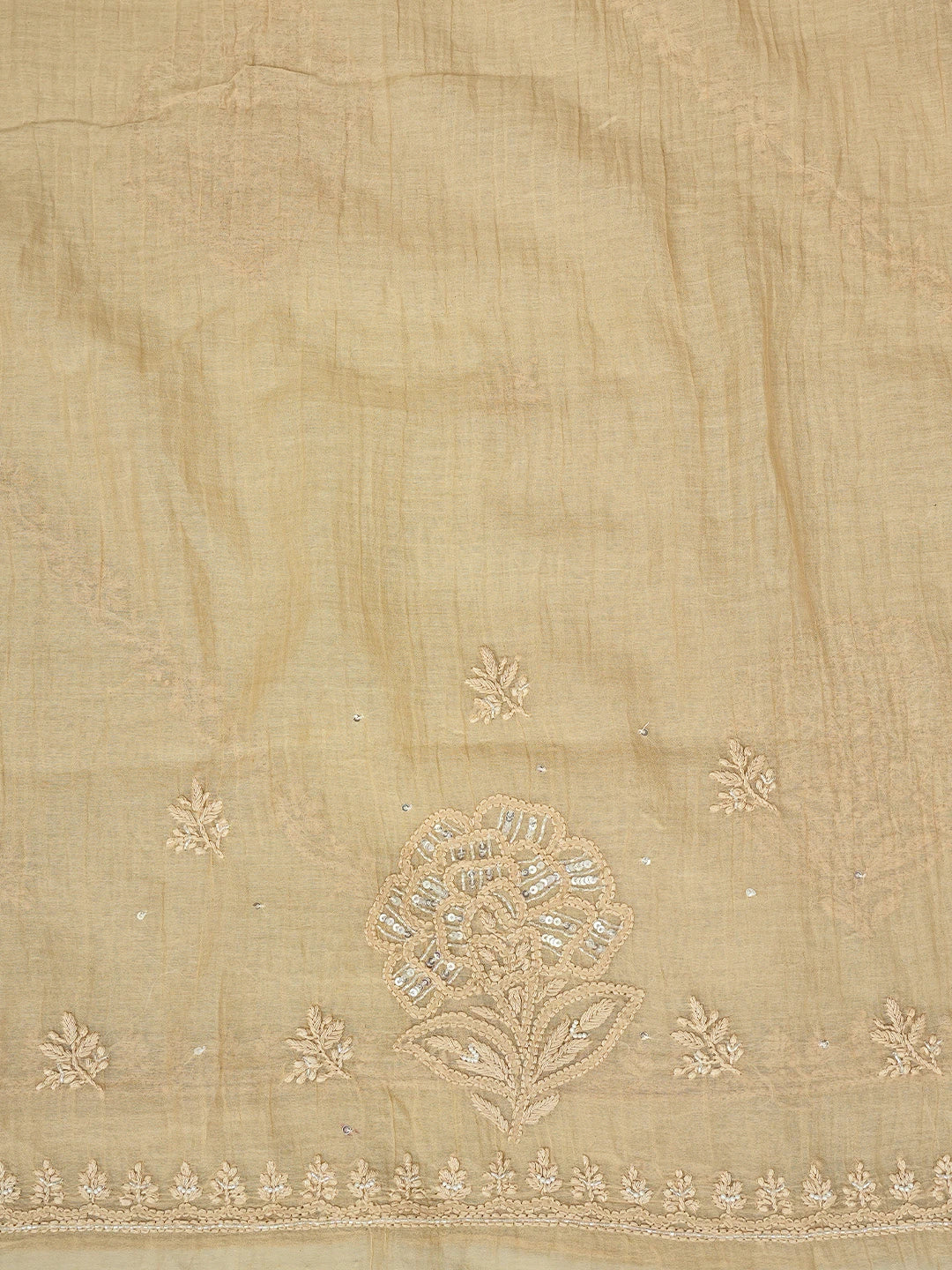 Ada Hand Embroidered Fawn Chanderi Lucknowi Chikankari Saree and Blouse With Cutdana Work 01A812123