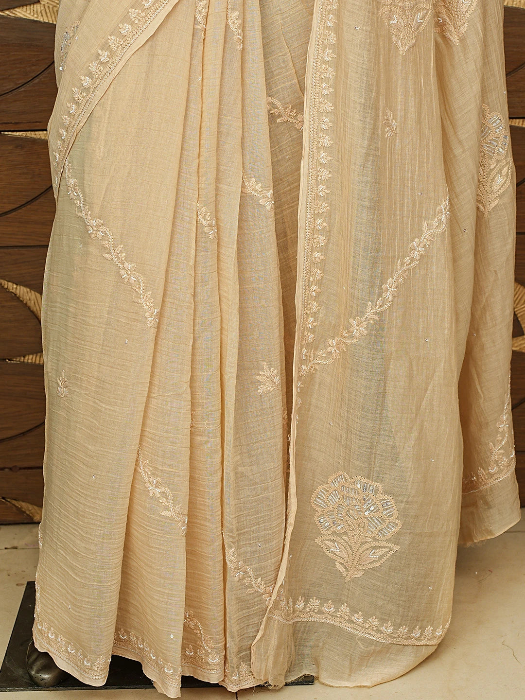 Ada Hand Embroidered Fawn Chanderi Lucknowi Chikankari Saree and Blouse With Cutdana Work 01A812123