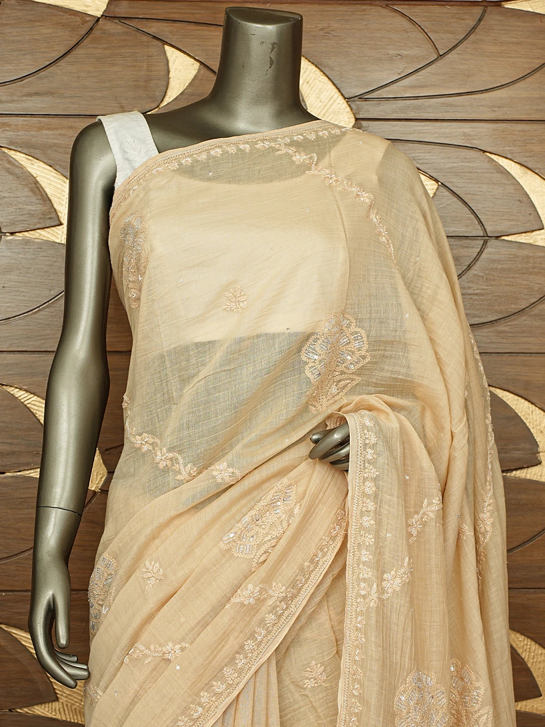 Ada Hand Embroidered Fawn Chanderi Lucknowi Chikankari Saree and Blouse With Cutdana Work 01A812123