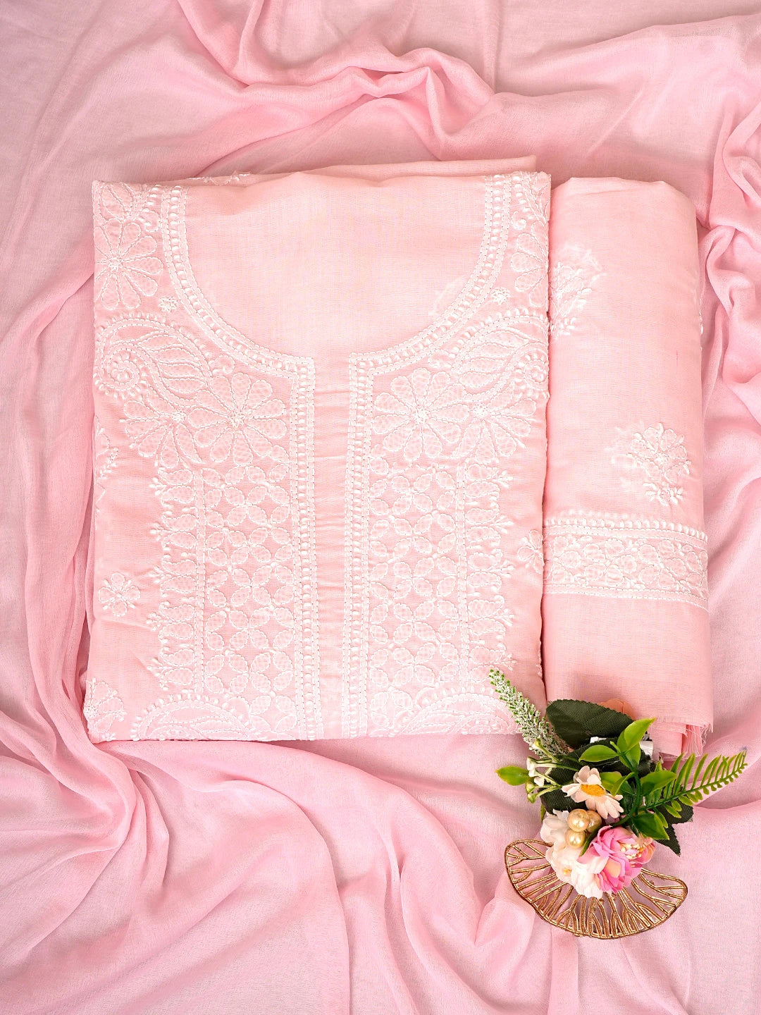 Ada Hand Embroidered Pink Cotton Lucknowi Chikankari Unstitched Suit Piece 01A845834