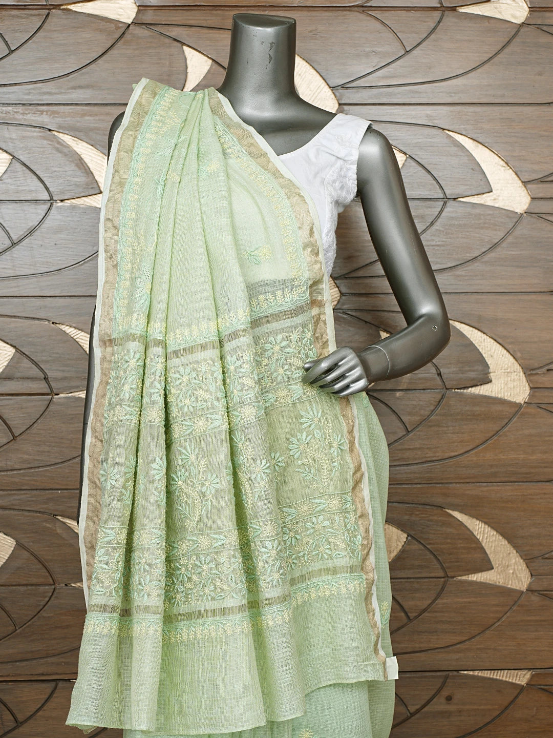 Ada Hand Embroidered Pista Green Kota Lucknowi Chikankari Saree With Blouse 01A809114
