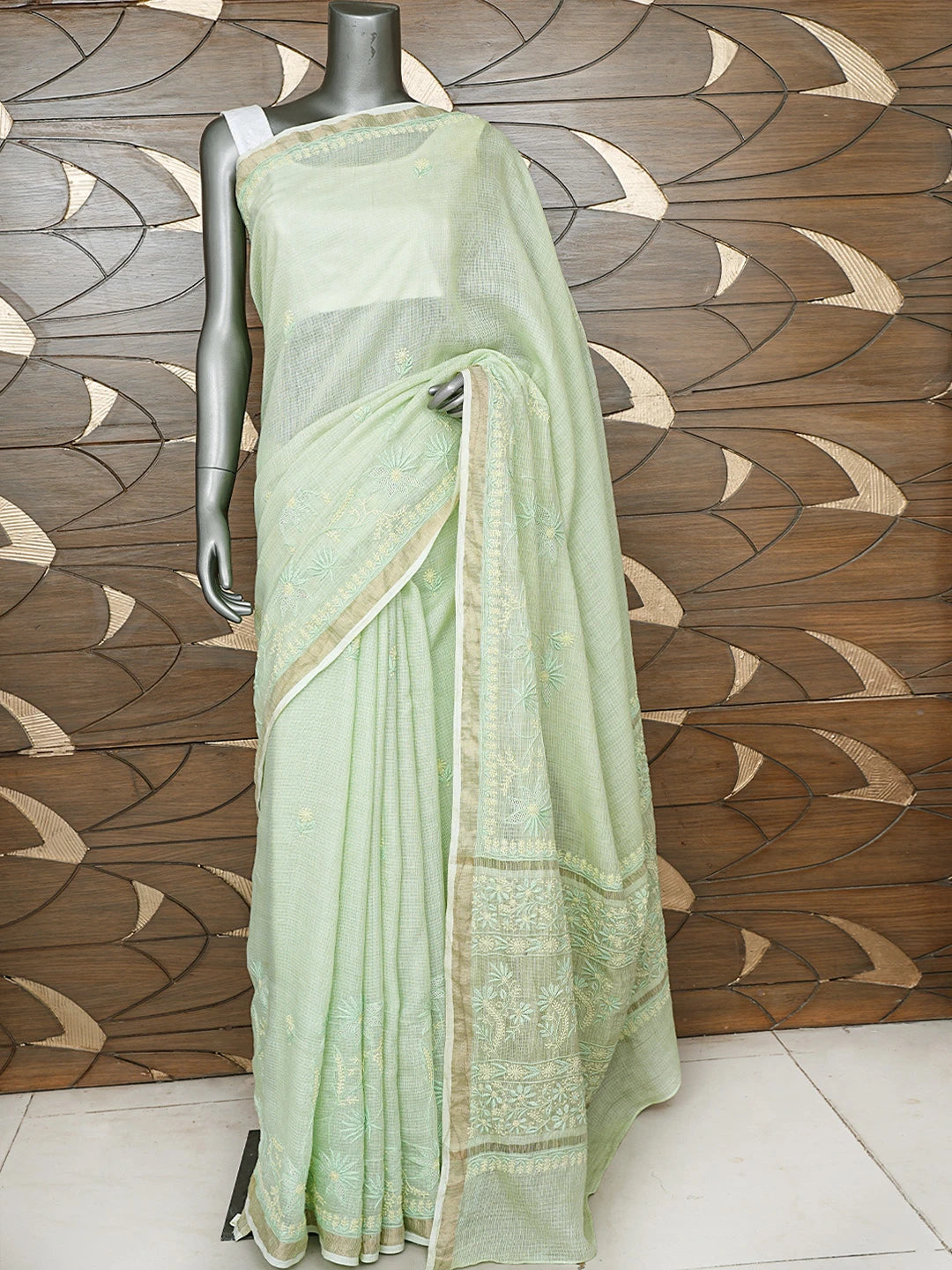 Ada Hand Embroidered Pista Green Kota Lucknowi Chikankari Saree With Blouse 01A809114