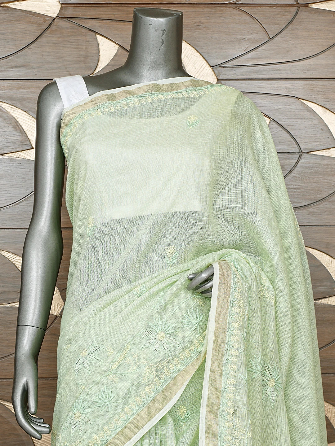 Ada Hand Embroidered Pista Green Kota Lucknowi Chikankari Saree With Blouse 01A809114