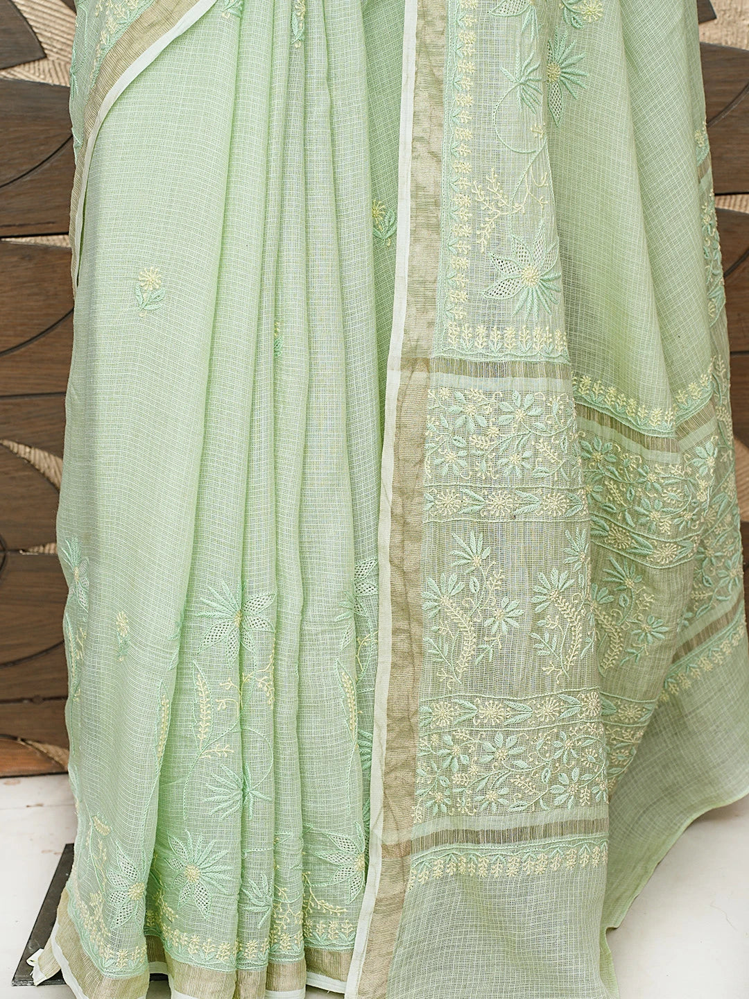 Ada Hand Embroidered Pista Green Kota Lucknowi Chikankari Saree With Blouse 01A809114