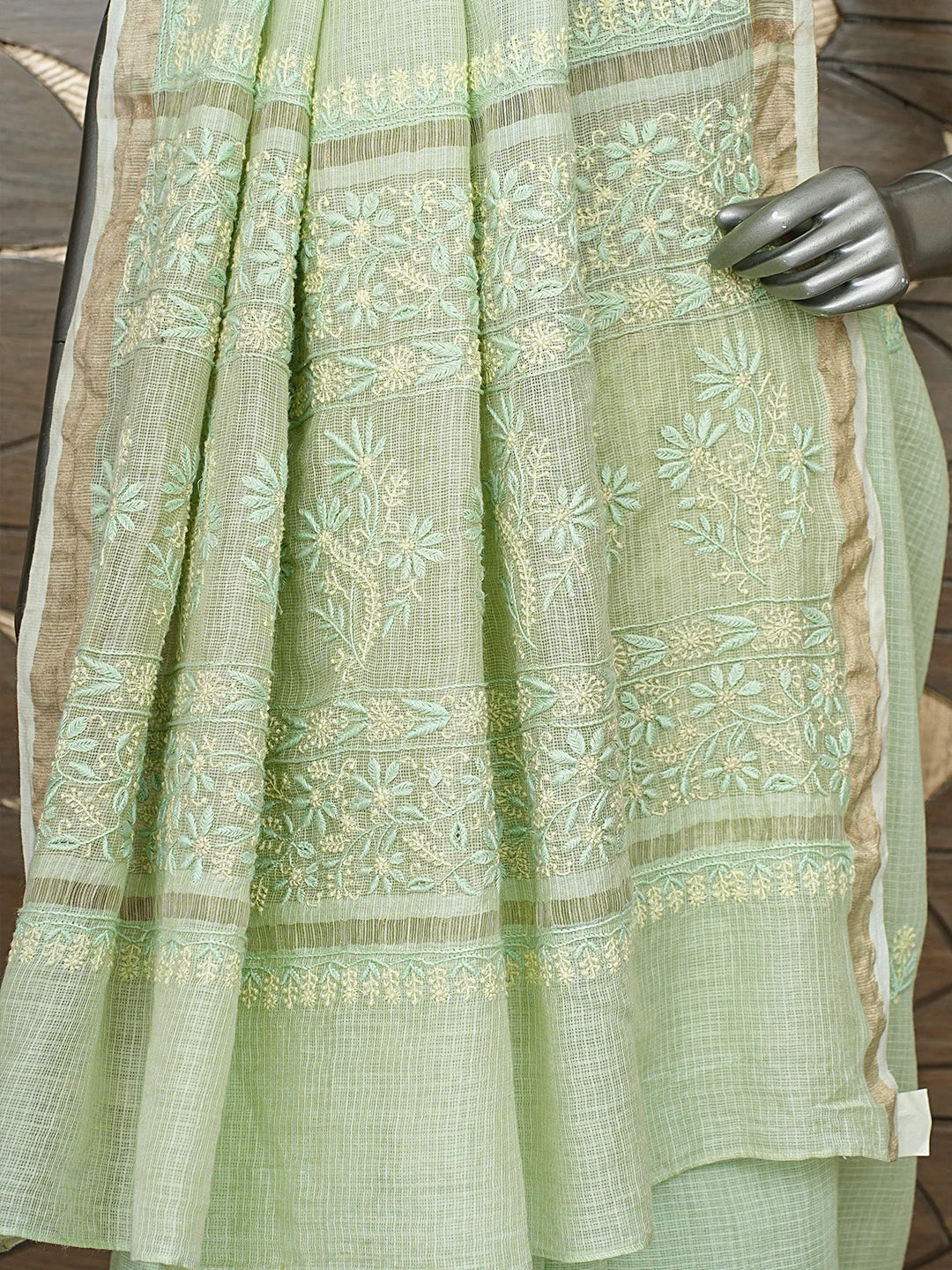 Ada Hand Embroidered Pista Green Kota Lucknowi Chikankari Saree With Blouse 01A809114