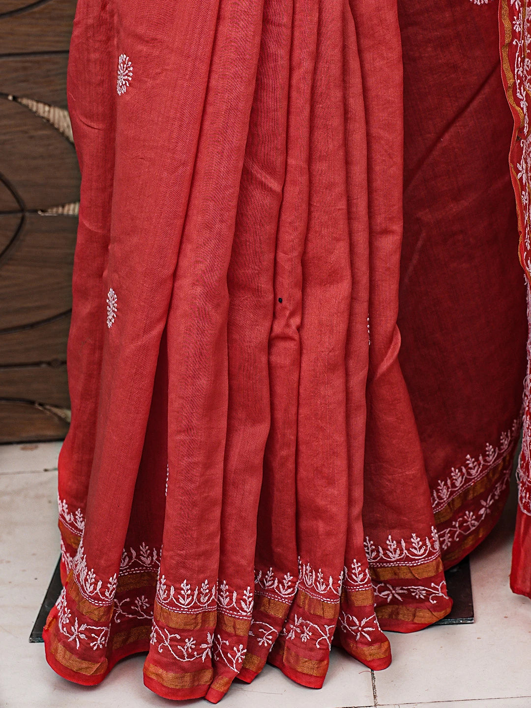 Ada Hand Embroidered Cherry Red Chanderi Lucknowi Chikankari Saree With Blouse 01A792556