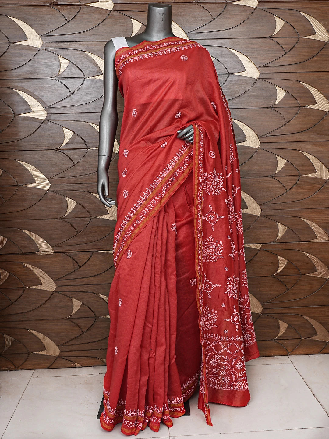 Ada Hand Embroidered Cherry Red Chanderi Lucknowi Chikankari Saree With Blouse 01A792556