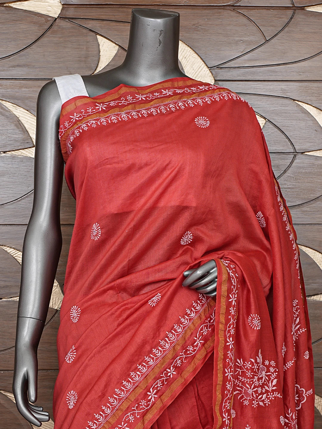Ada Hand Embroidered Cherry Red Chanderi Lucknowi Chikankari Saree With Blouse 01A792556